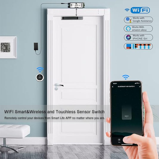 WiFi Access Control 400lb Holding Force Electic Magnetic Door Lock System Kit with Remote and Smartphone app Control, paired with Wireless Metal Touchless Round Switch (Electric Magnetic Lock kit)