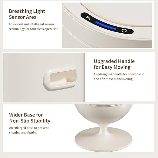 MRBIN Metal Bathroom Motion Sensor Trash Can with Lid, 5.3 Gallon Wine Glass Shaped Automatic Waste Basket Touchless, Smart Round Tall Garbage with High Leg for Office, Bedroom, Kitchen, Cream White