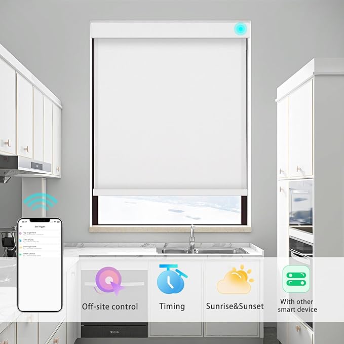 Changshade Smart Roller Shade with Remote Control Light Filtering Automatic Window Shades for Home Custom Size Motorized Blinds for Windows Work with Alexa,Google Home,Apple Homekit, White