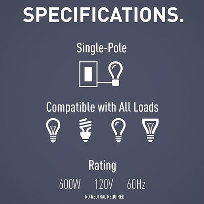 Legrand Radiant 600W Occupancy Motion Sensor Light Switch, 180 Degree Coverage, Auto On/Auto Off, Single Pole, RRW600UTCCCV4, White/Light Almond/Ivory, 1 Count