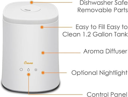 Crane Top Fill Ultrasonic Cool Mist Humidifier for Bedroom and Large Rooms, 1.2 Gallon Essential Oil Diffuser with Nightlight and Auto Shut-Off