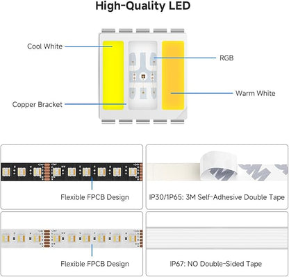 BTF-LIGHTING RGBCCT LED Strip UL Listed 16.4ft 96LED/m 300LED DC24V IP67 | Black LED Tape 12mm wide 5 Colors in 1 RGB+Dimmable Tunable Color Temperature 2700K-6500K for Decor(No Adapter or Controller)