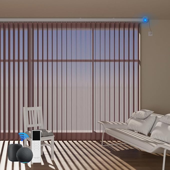 Motorized Sheer Vertical Blinds Work with Alexa Google Home, Light Filtering Smart Vertical Blind Sliding Door Blinds Remote Control Blinds for Sliding Glass Door Customize, Texture Brown