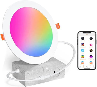 6 Inch LED Recessed Light 16W RGBCW Recessed Ceiling Lights Dimmable by Alexa & APP, 2700K-6000K 1350LM Recessed Lighting with Junction Box,16 Million Colors, DIY Scenes, 23 Modes, 1 Pack