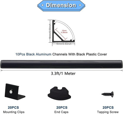 VST 10pack 3.3 ft LED Channel, V Shape Led Diffuser Channel, LED Aluminum Channel System with Black Cover, End Caps and Mounting Clips, Aluminum Profile for LED Strip Light Very Easy Installation