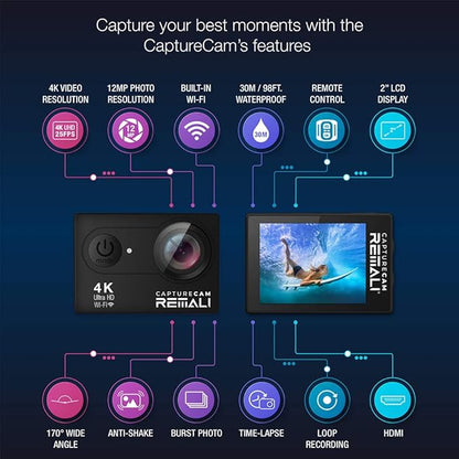 REMALI CaptureCam 4K60FPS Waterproof Action Camera 21-Piece Complete Kit and 3 Batteries — Amazing Family Sports Camera That Captures Best Moments — Great for Baseball, Fishing & Travel Adventures