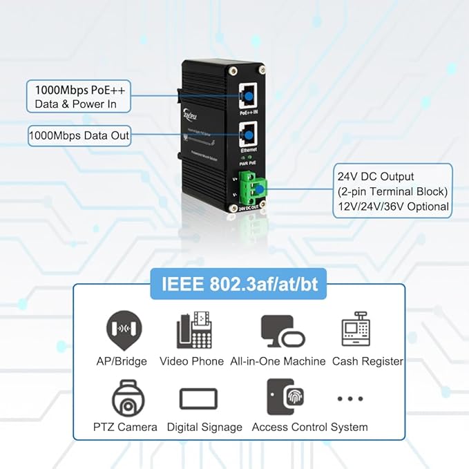 Industrial Gigabit 95W PoE++ Splitter IEEE802.3at/af/bt 24V DC Output PoE Splitter 12V 802.3bt Compliant Gigabit 10/100/1000Mbps Port Power Supply for Security Cameras, Access Control Systems