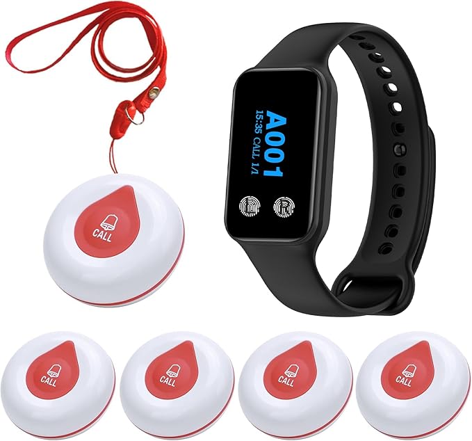 Wireless Calling System Wireless Caregiver Pager Call Button Nurse Alert System with 1 Waterproof Caregiver Watch/5 Call Buttons for Elderly/Patient/Disable at Home