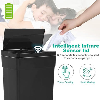 BestOffice 13 Gallon Trash Can Automatic Kitchen Trash Can Touch Free High-Capacity Garbage Can with Lid for Bedroom Bathroom Home Office 50 Liter (Black, 1) (3, Black)