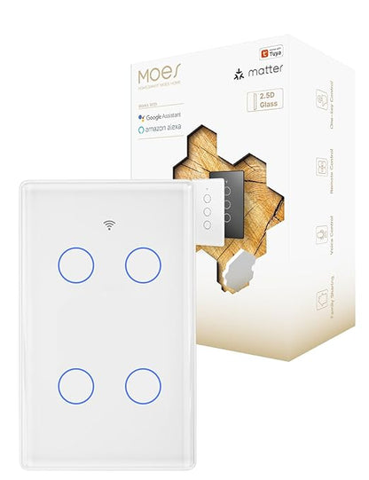 MOES Matter Smart Light Switch, 2.5D Glass Touch Wall Switch, Single Pole, Neutral Wire Required,2.4GHz Wi-Fi, Timer & Schedule, Remote & Voice Control with Alexa & Google Home, White 4 Gang