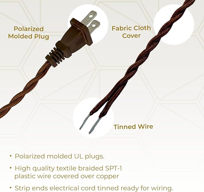 Royal Designs, Inc. 8Ft Twisted Rayon Lamp Cord with NEMA-15P Plug, Rotary Dimmer Switch, Stripped Ends Ready for Wiring, SPT-1 UL Listed, Brown - Pack of 1