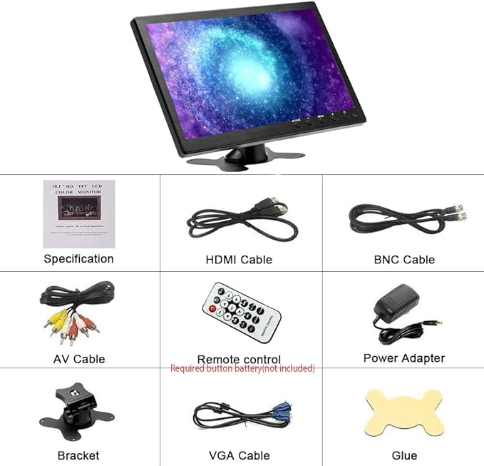 Hikity 10.1 Inch Small HDMI Monitor Portable CCTV Monitors 1280x600 for PC/TV/Raspberry Pi/Camera/Gaming with BNC/AVI/VGA/HDMI Input Cable, Support Remote Control, Built-in Speakers Flip Image