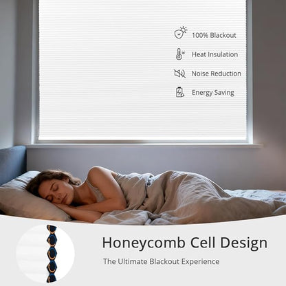 Motorized Cellular Shades with Remote Blackout Honeycomb Smart Blinds Options for Indoor Windows, Remote/Alexa/Matter Compatible, Easy DIY Installation (White)