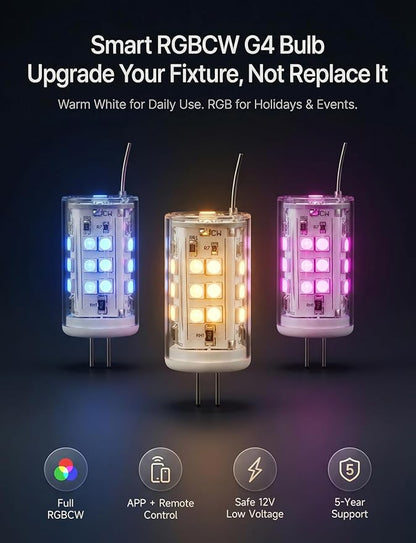 Gardenreet RGBCW G4 LED Bulb, 12V Low Voltage Bi-Pin Halogen Replacement for Outdoor Landscape Lighting & Indoor Accent Light, Color Changing/Warm White, Bluetooth Mesh 65ft, 270LM for Pathway, 2 Pack