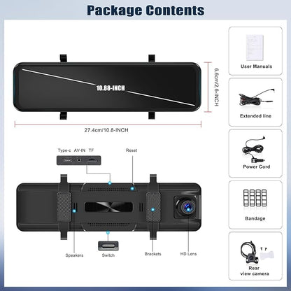 10.88 Inch Mirror Dash Cam,4K Touchscreen Rear View Mirror Front and Rear View Dual Cameras,Night Vision,G-Sensor,APP Control,Motion Detection,Loop Recording,Parking Assistance,Parking Monitor