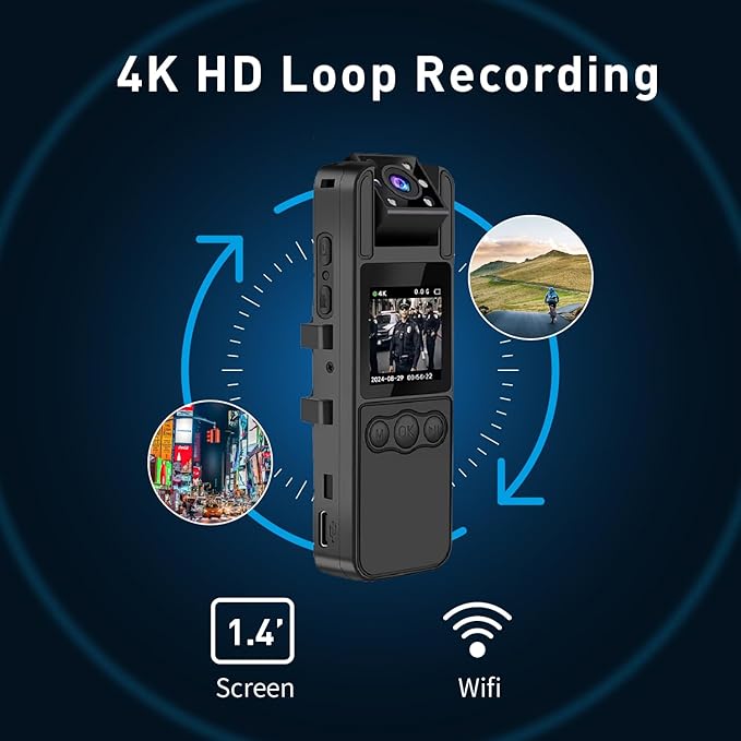 64GB Included, 4K UHD 30FPS Recording,1.4 in Screen Recorder,Body Cameras,Wearable Body Cam,6HR Battery Life, for Outdoor Riding,Home,Sports,Pet Records,Security,Travel Records, JS-06B-2
