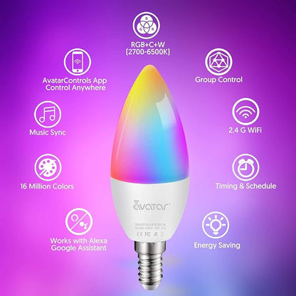 4 Pack E12 LED Smart Light Bulbs, RGBCW Small Candle Candelabra Compatible with Alexa/Google Home/Smart Life, 5W Type B B11 Color Changing Music Sync Timer Bulb, 2.4G WiFi Bluetooth Bulb