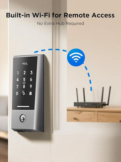 TCL Wi-Fi Smart Lock D2, Keyless Entry WiFi Door Lock with Key Fob, Built-in Doorbell, Touchscreen Keypad, App Remote Control, Easy Installation, No Bridge Required, Auto Lock (Dark Grey)