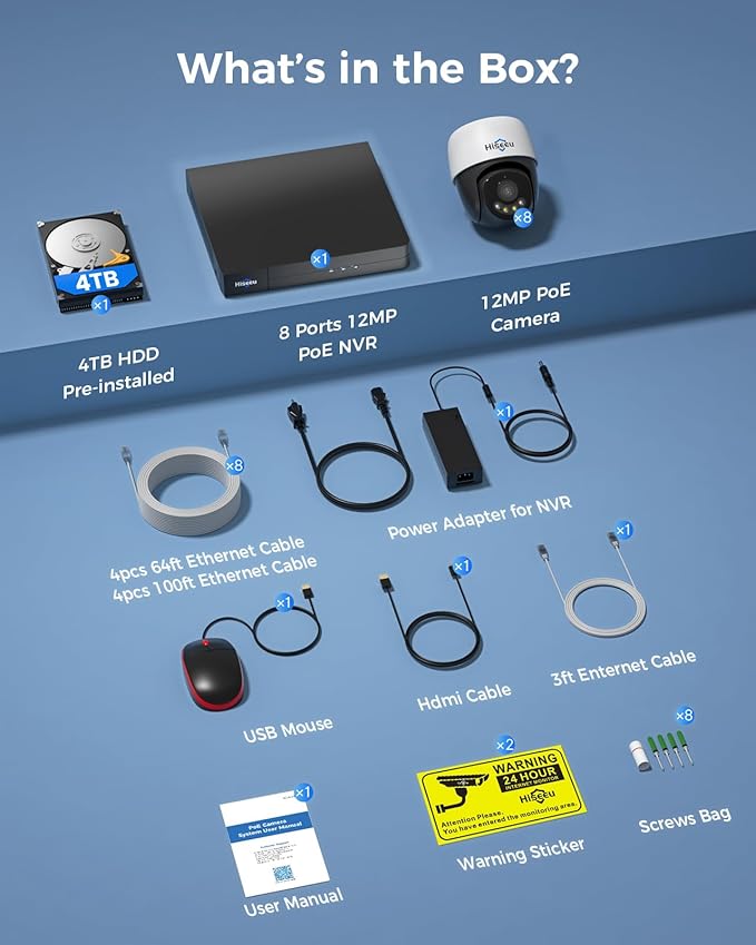 [12MP +Human Tracking] Hiseeu 12MP PoE PTZ Security Camera System, 8 Pcs Wired Security Cameras, 360°View, 2 Way Audio, 0 Monthly Fee, 4TB HDD 8 Port 16Ch PoE NVR，Home CCTV Surveillance Outdoor&Indoor
