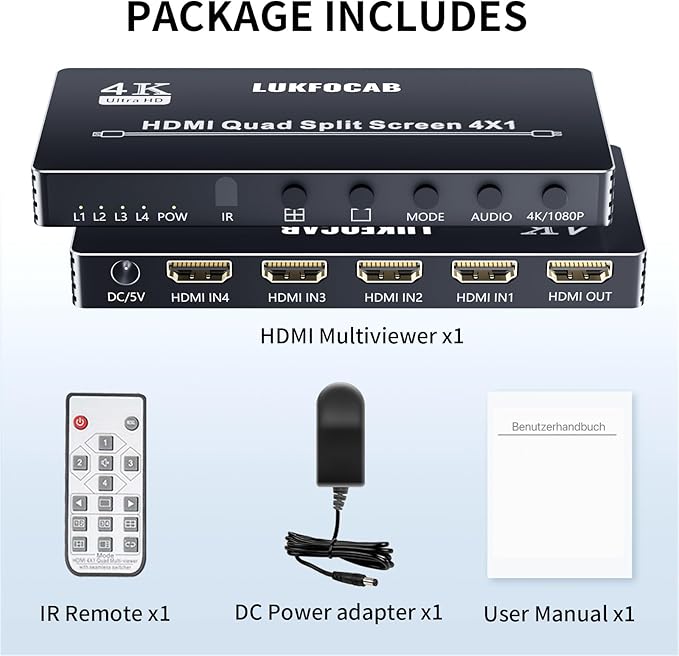 HDMI Multi-Viewer 4X1, Seamless Switcher 4 in 1 Out, Quad Multi Viewer Switcher with IR Remote, Supports 4K 30Hz, 5 Display Modes for Security Camera, Gaming Consoles