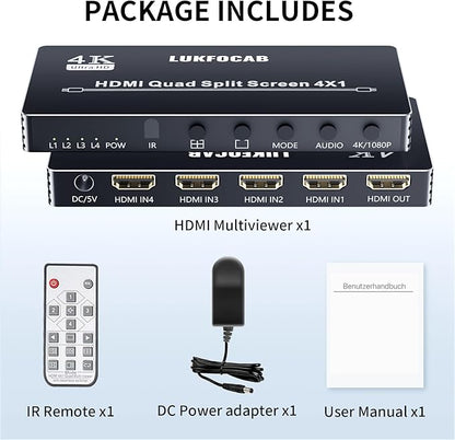 HDMI Multi-Viewer 4X1, Seamless Switcher 4 in 1 Out, Quad Multi Viewer Switcher with IR Remote, Supports 4K 30Hz, 5 Display Modes for Security Camera, Gaming Consoles