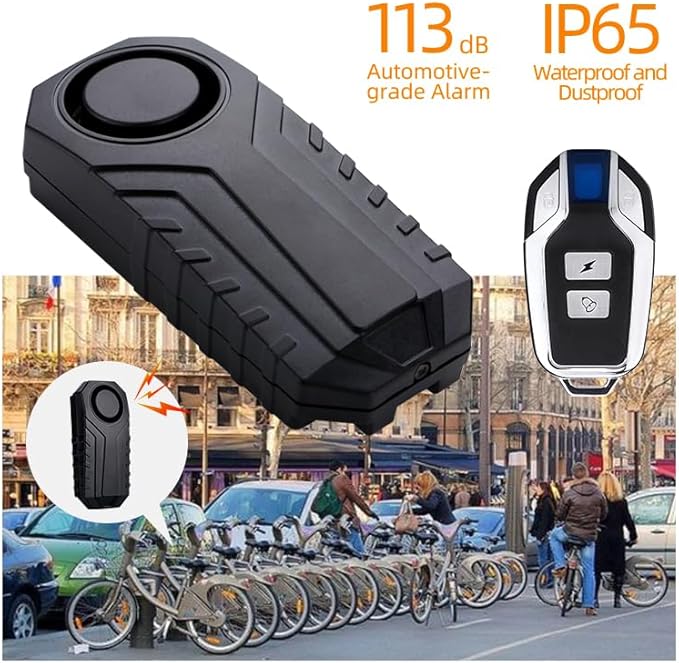 AIJING 113db Bike Alarm with Remote, Loud Anti Theft Alarm for Bicycle Golf Car, IP65 Waterproof Vibration Sensor Alarm System, Wireless Siren for E-Bike, Motorcycle,Trailer, Mailbox, Scooter (A1)