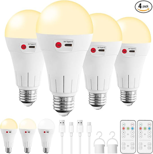 Vitnucrol 4 Pack Rechargeable Light Bulbs with Remote, E26 Wireless Battery Operated Light Bulb for Lamps, 2600mAh Dimmable Timer A21 Standard Emergency LED Light Bulbs for Power Outages,7W, 300LM
