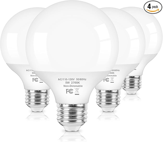 Brightever G25 LED Light Bulbs 60 Watt Equivalent, 2700K Warm White LED Globe Light Bulbs with E26 Base for Bathroom, 5W Round Light Bulb for Vanity Mirror, CRI85+, 600LM, Non-Dimmable, 4-Pack