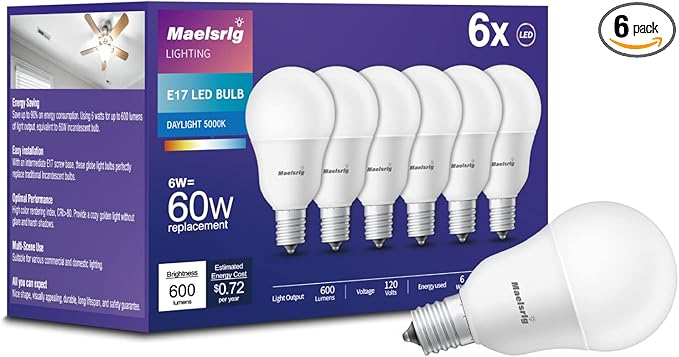Maelsrlg E17 Intermediate Base LED Bulb, 6W (60 Watt Equivalent) G14 Globe Ceiling Fan Light Bulbs, Daylight White 5000K, 600 Lumens, Non-Dimmable, Pack of 6