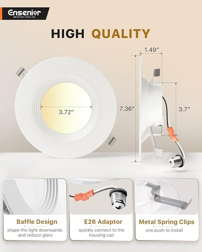 Ensenior 5/6 Inch 5CCT LED Can Lights 6 Pack, Retrofit Led Recessed Lighting, Baffle Trim, Dimmable, 9W=110W, 1000LM, 2700K/3000K/3500K/4000K/5000K Selectable, IC Rated - ETL & FCC