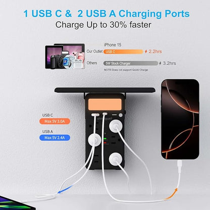 Wall Outlet Extender with Shelf and Night Light, Surge Protector with 3 USB Ports (2A+1C) and 6 AC Outlets, Multi Plug Power Strip Electric Outlet Splitter for Home and Office Use, Black
