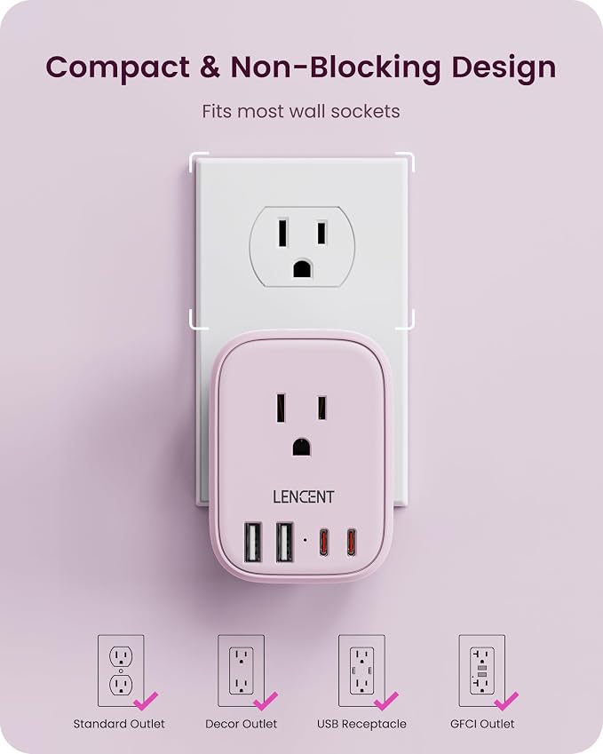 LENCENT Multi Plug Outlet Extender with USB C, Electrical Outlet Expander | with 4 AC & 4 USB Charger Cube, Small Multiple Wall Tap Plug Splitter for Home Office Travel Dorm Essentials - Pink