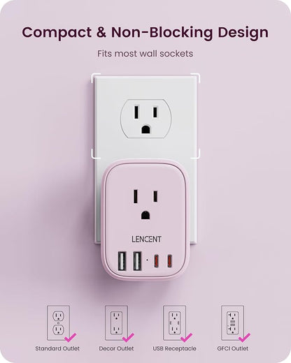 LENCENT Multi Plug Outlet Extender with USB C, Electrical Outlet Expander | with 4 AC & 4 USB Charger Cube, Small Multiple Wall Tap Plug Splitter for Home Office Travel Dorm Essentials - Pink