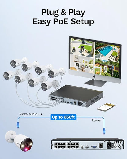 LongPlus 12MP Security Camera System, 12MP H.265+ PoE Home Security Camera System, Spotlight Color Night Vision, Person Vehicle Detection, 16CH NVR 4TB HDD, LP12MEF8B1