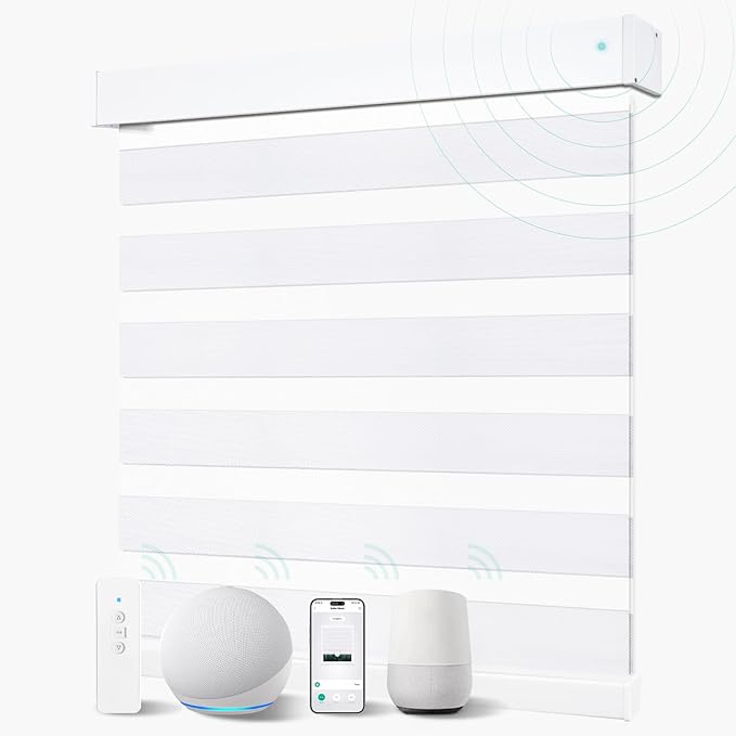 Motorized Blinds with Remote, 95% Blackout Smart Electric Zebra Shades, Automatic Blinds for Window Compatible with Alexa Google for Home Office, and Customized, Luxury White
