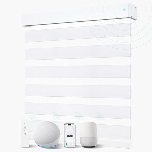 Motorized Blinds with Remote, 95% Blackout Smart Electric Zebra Shades, Automatic Blinds for Window Compatible with Alexa Google for Home Office, and Customized, Luxury White