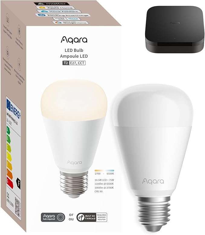 Aqara Thread/Zigbee Smart LED Light Bulb T2 E26 with M3 Hub,Tunable White (2700K-6500K), 75W Equivalent,Works with HomeKit,Alexa,Google Home