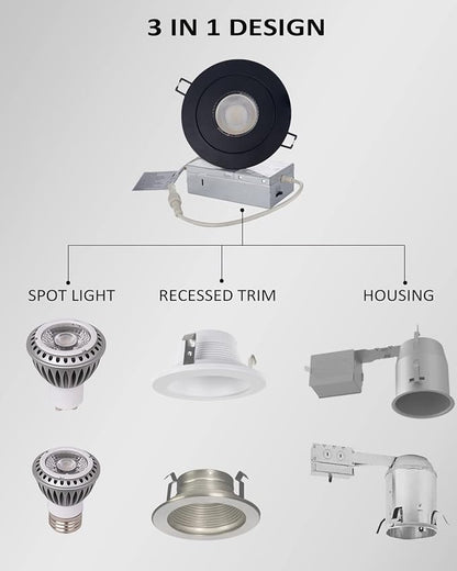 POPANU Gimbal LED Recessed Light - 4 Inch Black 9W 360° Rotation Directional Adjustable Eyeball Sloped Ceiling Recessed Lighting 4 inch Light Wafer Soffit Indoor Spotlight Canless Black 4 inch 6 Pack