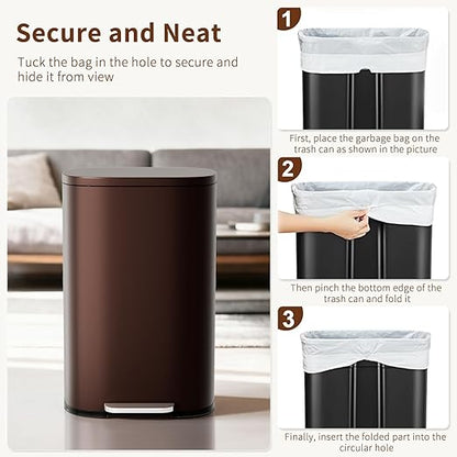 PayLessHere Stainless Steel Trash Can with Lid - Removable Inner Bucket, Foot Pedal Soft Close for Office, Home, Kitchen Garbage Bin (Brown, 13 G)