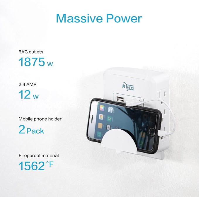 KMC Wall Surge Protector,6 Outlet Wall Mount Power Strip with 2 USB Charging Ports Total 2.4 AMP,Dual Slide-Out Smartphone Holders Design, Portable for Travel/Home/Office Use,ETL Certified