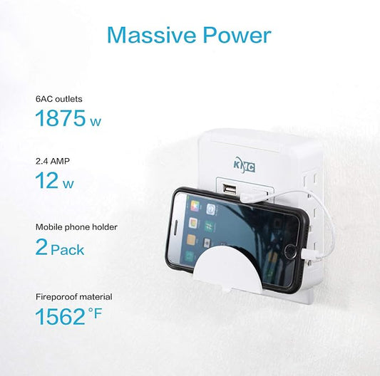 KMC Wall Surge Protector,6 Outlet Wall Mount Power Strip with 2 USB Charging Ports Total 2.4 AMP,Dual Slide-Out Smartphone Holders Design, Portable for Travel/Home/Office Use,ETL Certified