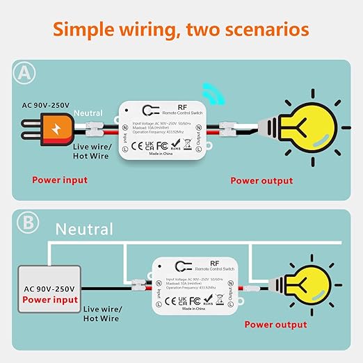 DieseRC AC 110V 120V 220V 240V Wireless Remote Control Light Switch 1500W 1 Channel 433Mhz RF Relay Receiver with 2 Transmitters Keyfob for Lamp Bulb, Easy to Install