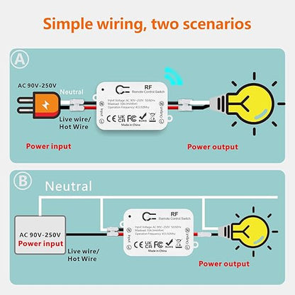 DieseRC AC 110V 120V 220V 240V Wireless Remote Control Light Switch 1500W 1 Channel 433Mhz RF Relay Receiver with 2 Transmitters Keyfob for Lamp Bulb, Easy to Install