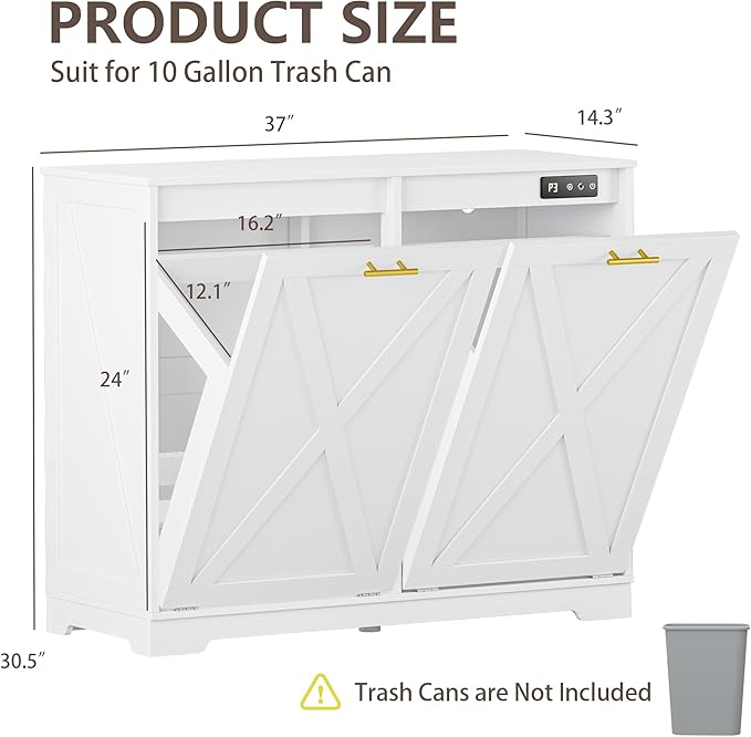 Double Tilt Out Trash Can Cabinet, Wooden Farmhouse Kitchen Garbage Bin Enclosure with Negative Ion Odor Control, Hidden Dog Proof Trash or Laundry Basket Storage for Laundry Room, White