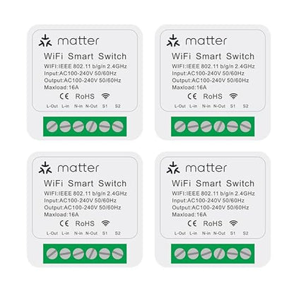 Matter Smart Switch, Smart Light Switch, WiFi Mini DIY Module, eWeLink Web, Flush-Mounted, APP & Voice Control, Smart Switches for Lights Compatible with Apple, Alexa & Google, 4PCS