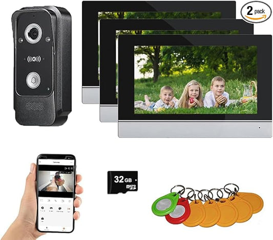 Wired Video Intercom System Tuya WiFi 7 Inch Touch Screen 1080P Doorbell Intelligent Tuya APP Intercom Kit with 3 in 1 Unlock Motion Detection,Anti-Tamper Alarm,32G (1 Bell+3 Monitor)