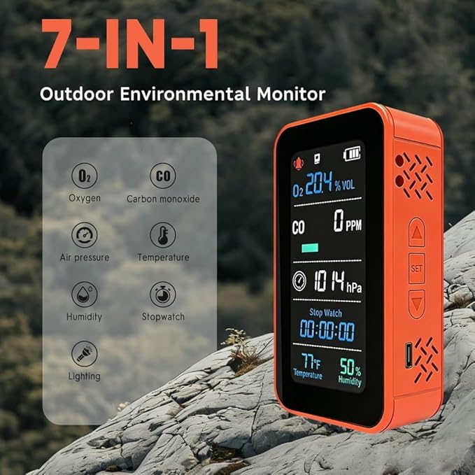 Portable Outdoor Environmental Monitor with O₂ & CO Level Tracking, Barometric Pressure, Temperature & Humidity, LED Flashlight and Stopwatch, Rechargeable Handheld Device for RV & Camping