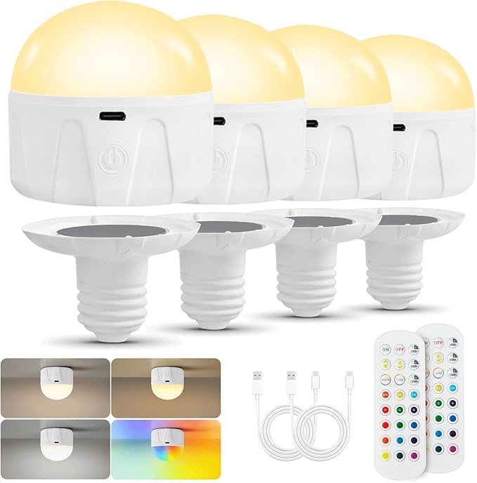Rechargeable Light Bulbs with Remote, 2000mAh Magnetic Battery Powered E26 LED Bulb with Timer for Lamps/Sconces/Outdoor Camping, 3 Color Temperatures & 12 RGB Colors, Non-Hardwired, 4 Pack