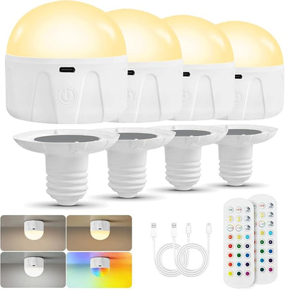 Rechargeable Light Bulbs with Remote, 2000mAh Magnetic Battery Powered E26 LED Bulb with Timer for Lamps/Sconces/Outdoor Camping, 3 Color Temperatures & 12 RGB Colors, Non-Hardwired, 4 Pack