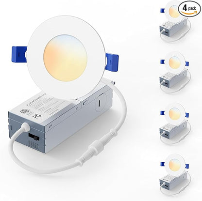 4 Pack 3 Inch LED Recessed Light, Dimmable, Damp Rated, 5CCT Selectable, 6W 500LM, 120V, Silm Canless Wafer Ceiling Light, ETL&FCC